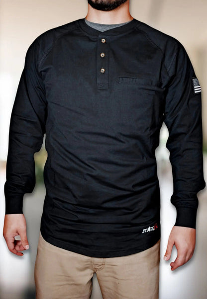 Static FR 3-Button Henley Shirt in black with wooden buttons and chest pocket on Tampa Home & Garden Store