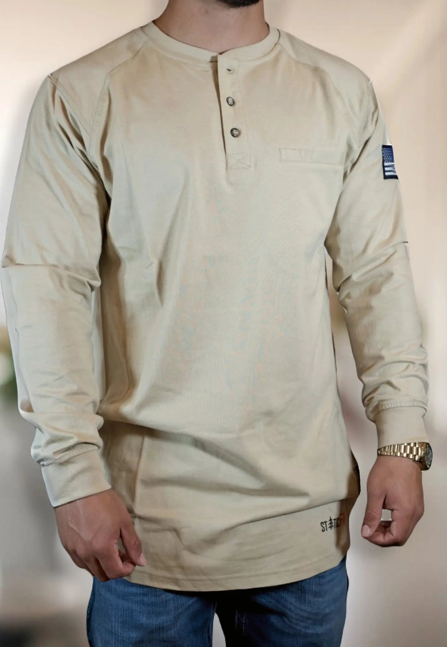 Static FR tan 3-Button Henley Shirt, long-sleeve with front placket and chest pocket on Tampa Home & Garden Store