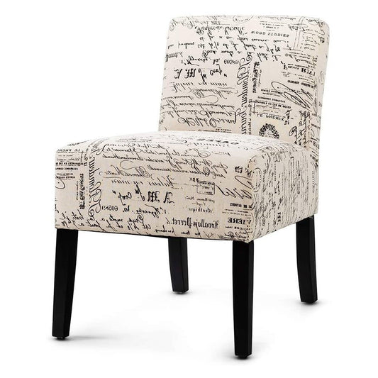 Sillón moderno tapizado en blanco roto con estampado de letra francesa y patas de madera negra