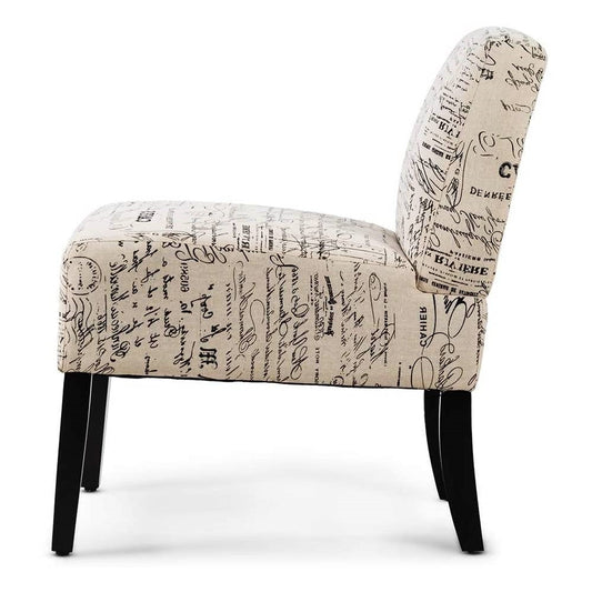 Sillón moderno tapizado en blanco roto con estampado de letra francesa y patas de madera negra