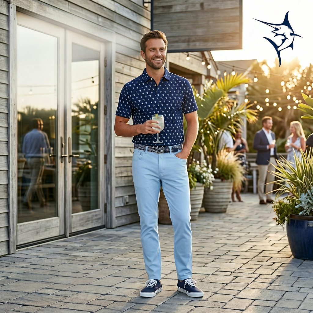 Freeport Pant Versatile Performance light blue pants by White Water Life worn by a man outdoors on Tampa Home & Garden Store
