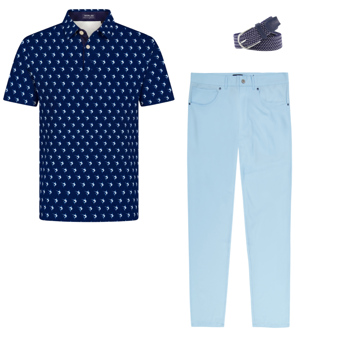 Freeport Pant Versatile Performance: 1 set blue pants, navy belt, navy polo with white birds on Tampa Home & Garden Store