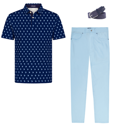 Freeport Pant Versatile Performance: 1 set blue pants, navy belt, navy polo with white birds on Tampa Home & Garden Store