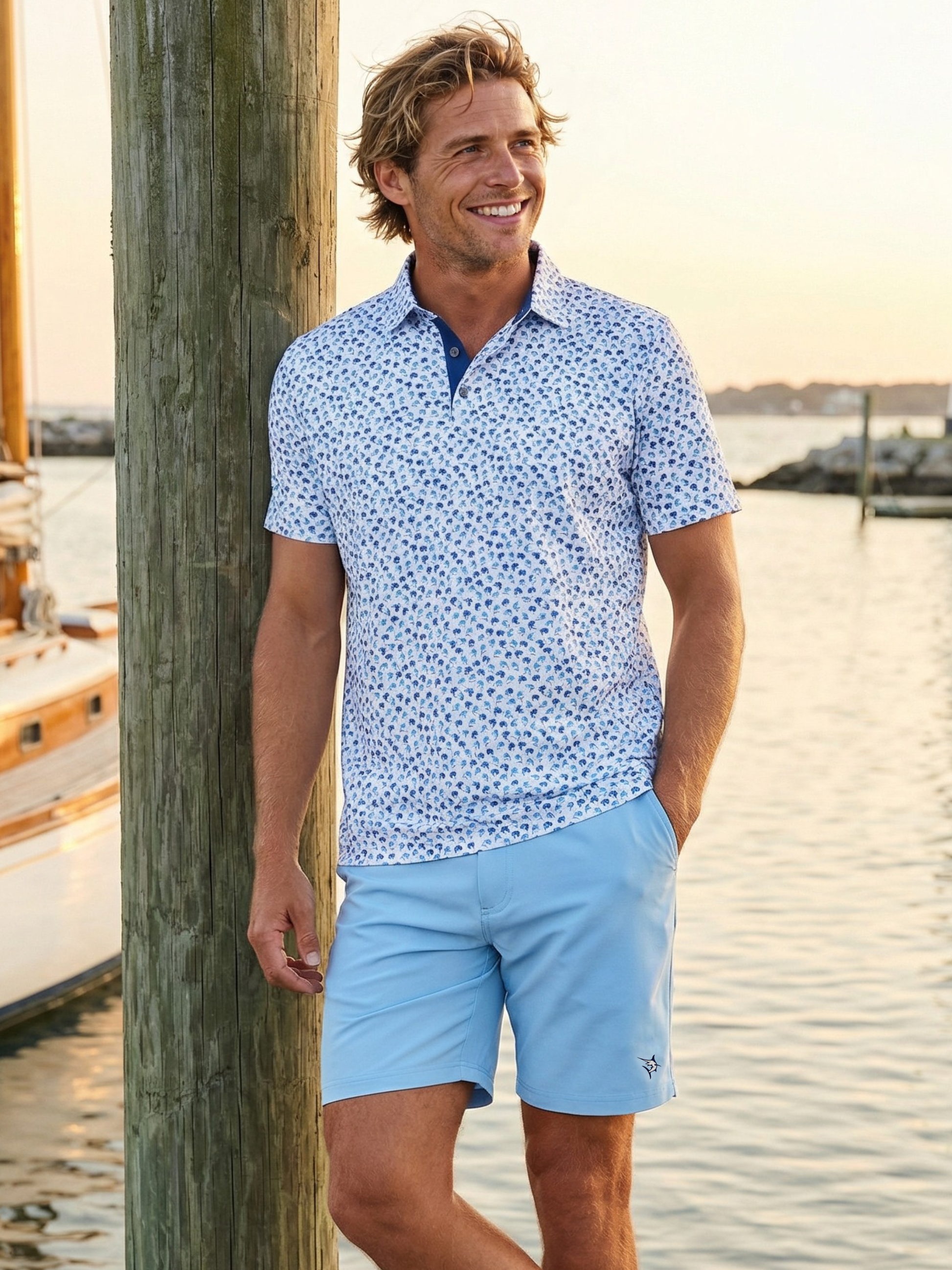 Freeport Short Effortless Performance light blue shorts by White Water Life with small logo on Tampa Home & Garden Store