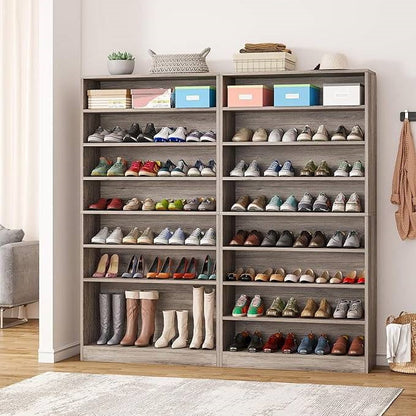 Zapatero con 8 estantes y acabado de madera gris - Capacidad para hasta 45 pares