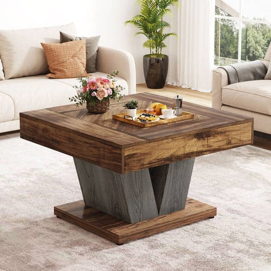 Square Farmhouse Coffee Table in Brown Black Wood Finish
