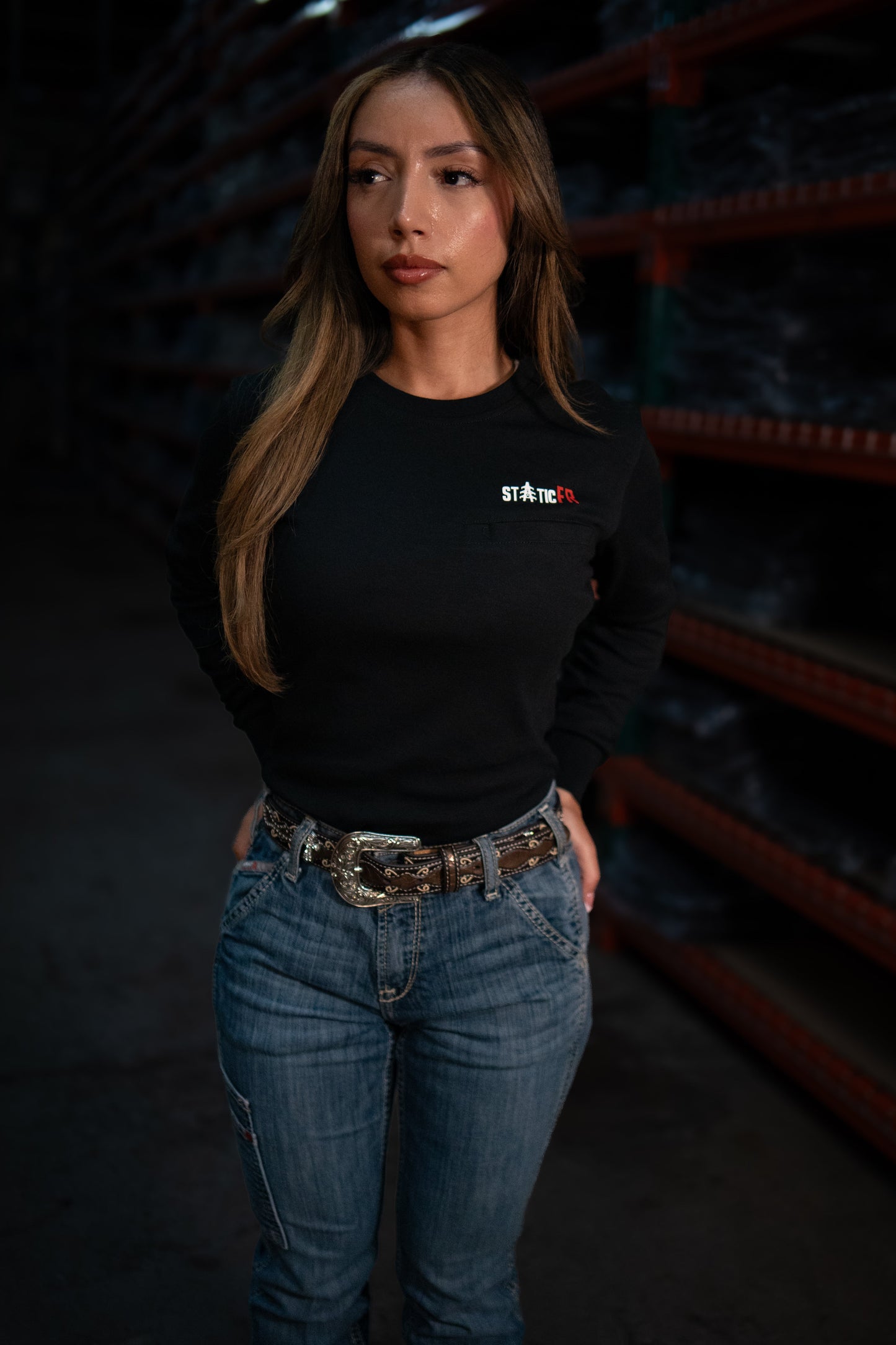 FR Women's Crew Neck Black shirt by Static FR with chest logo; work safety gear on Tampa Home & Garden Store