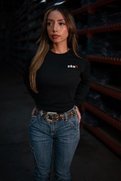 FR Women's Crew Neck Black shirt by Static FR with chest logo; work safety gear on Tampa Home & Garden Store