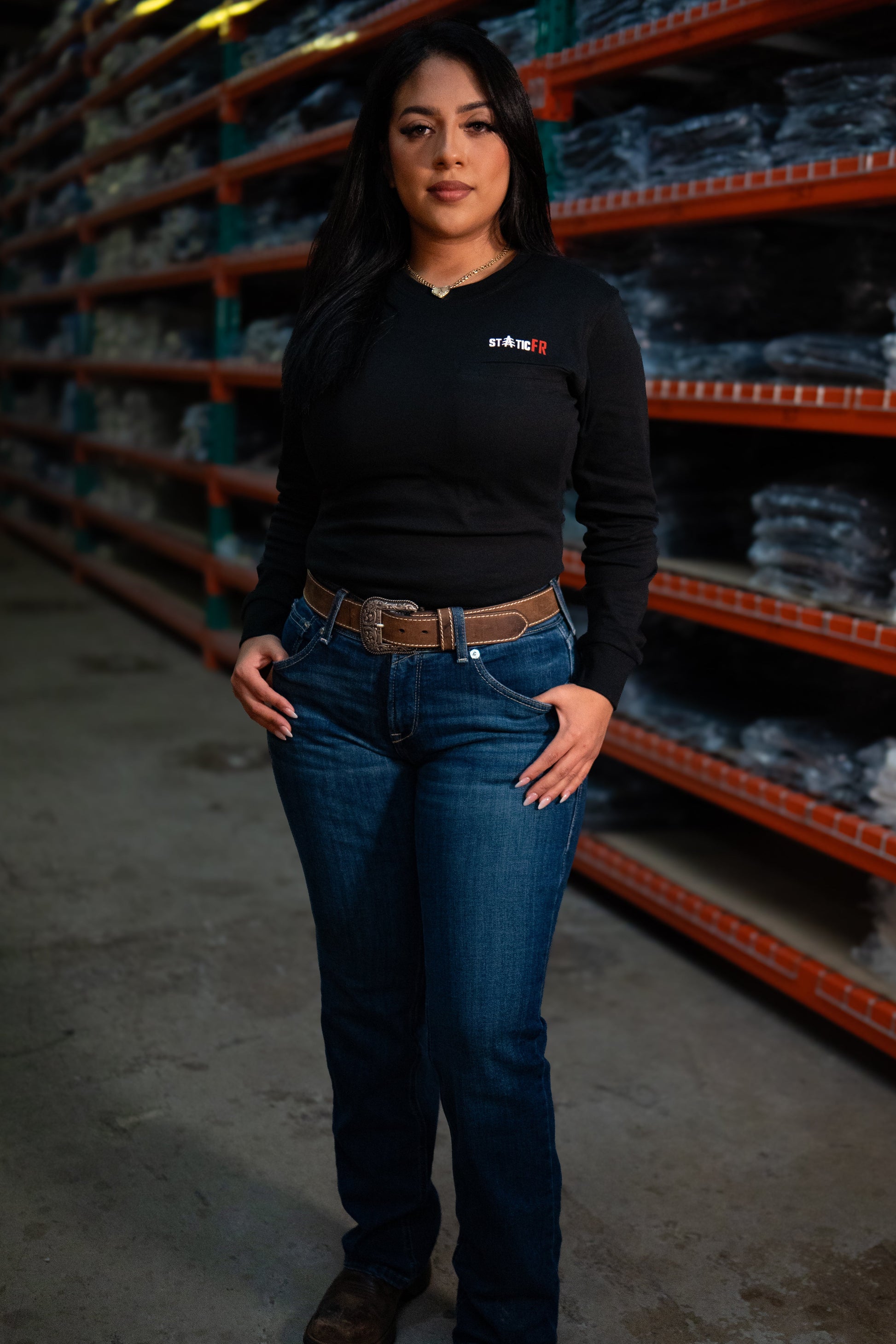 FR Women's Crew Neck - Black flame-resistant work shirt by Static FR in a warehouse on Tampa Home & Garden Store
