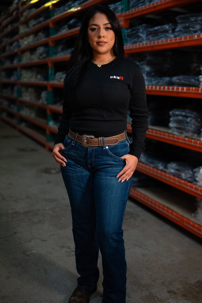 FR Women's Crew Neck - Black flame-resistant work shirt by Static FR in a warehouse on Tampa Home & Garden Store