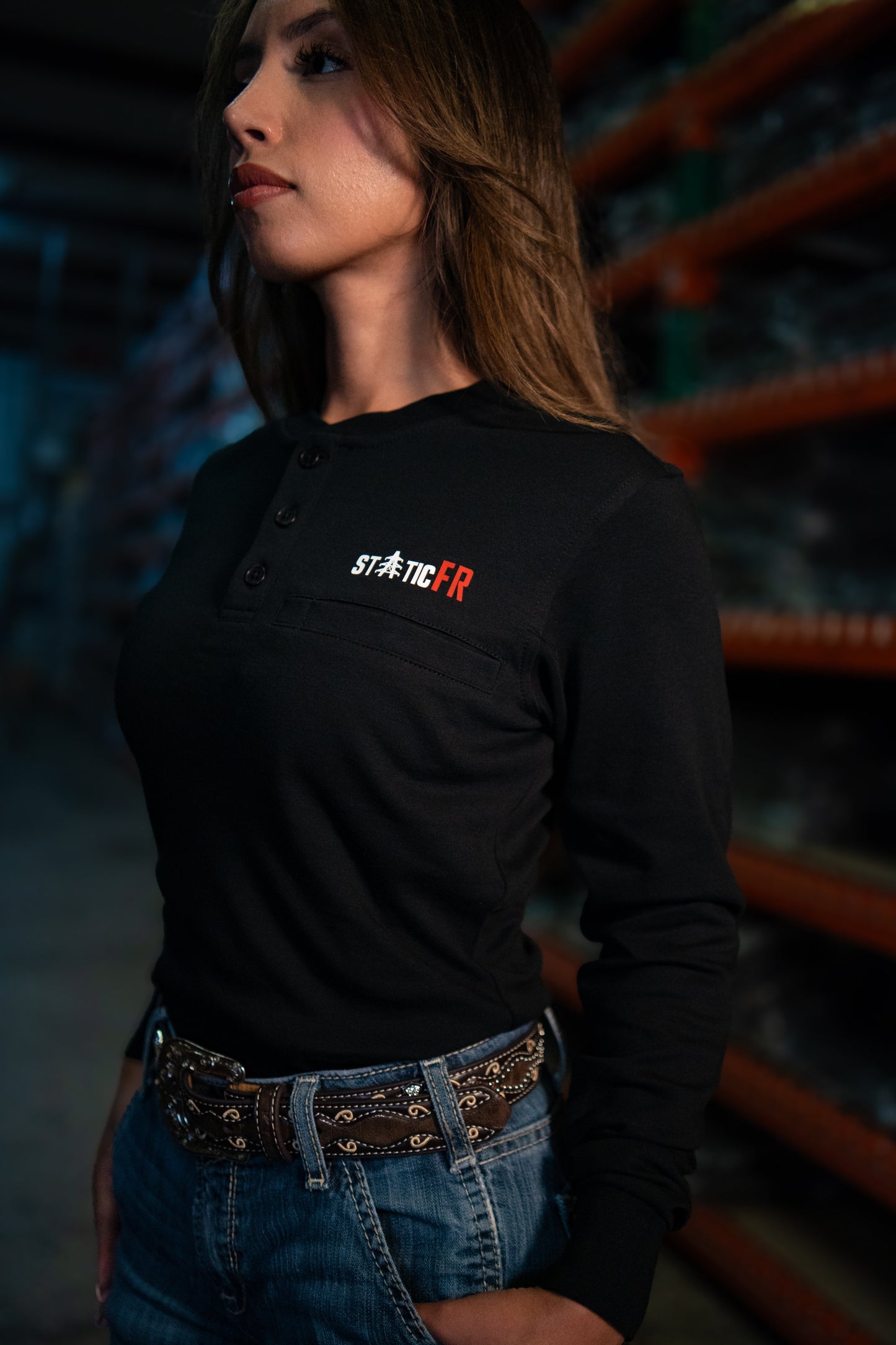 FR Women's Crew Neck Black top by Static FR with front logo and button placket on Tampa Home & Garden Store