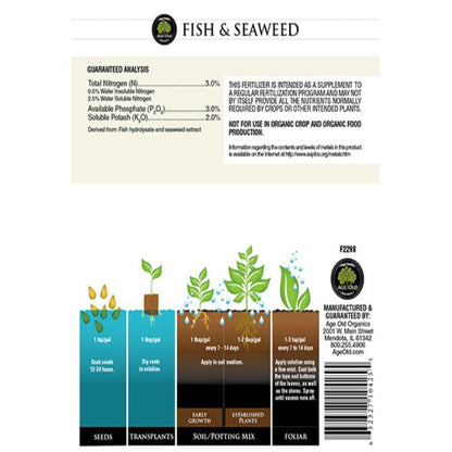 Age Old Fish & Seaweed 3-3-2 fertilizer by Rivendell Distribution with growth-stage diagram on Tampa Home & Garden Store