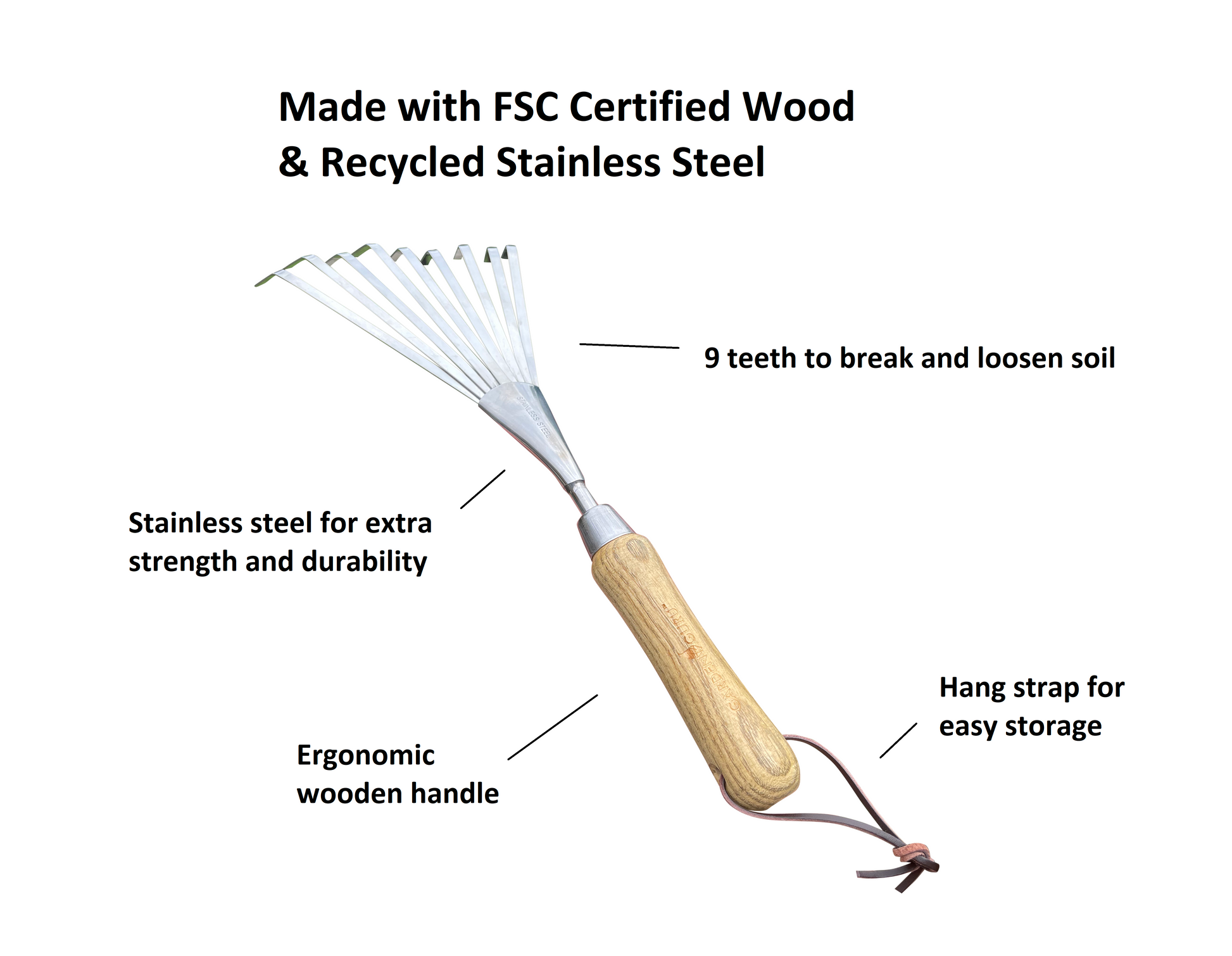 Stainless Steel Garden Hand Rake (classic wood handle) - Tampa Home & Garden Store
