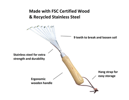 Stainless Steel Garden Hand Rake (classic wood handle) - Tampa Home & Garden Store