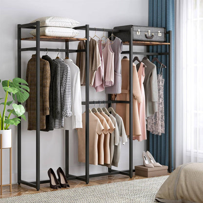 Estante para Ropa de Metal Negro con 4 Barras Colgantes y 2 Estantes de Madera para Almacenamiento