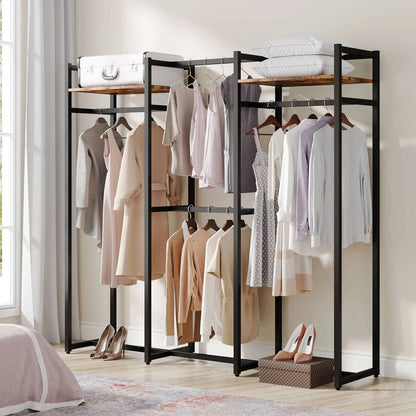 Estante para Ropa de Metal Negro con 4 Barras Colgantes y 2 Estantes de Madera para Almacenamiento