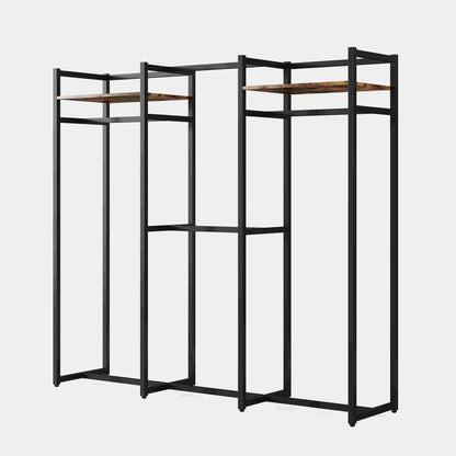 Estante para Ropa de Metal Negro con 4 Barras Colgantes y 2 Estantes de Madera para Almacenamiento