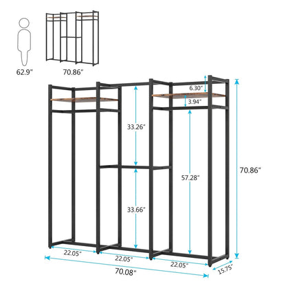 Estante para Ropa de Metal Negro con 4 Barras Colgantes y 2 Estantes de Madera para Almacenamiento