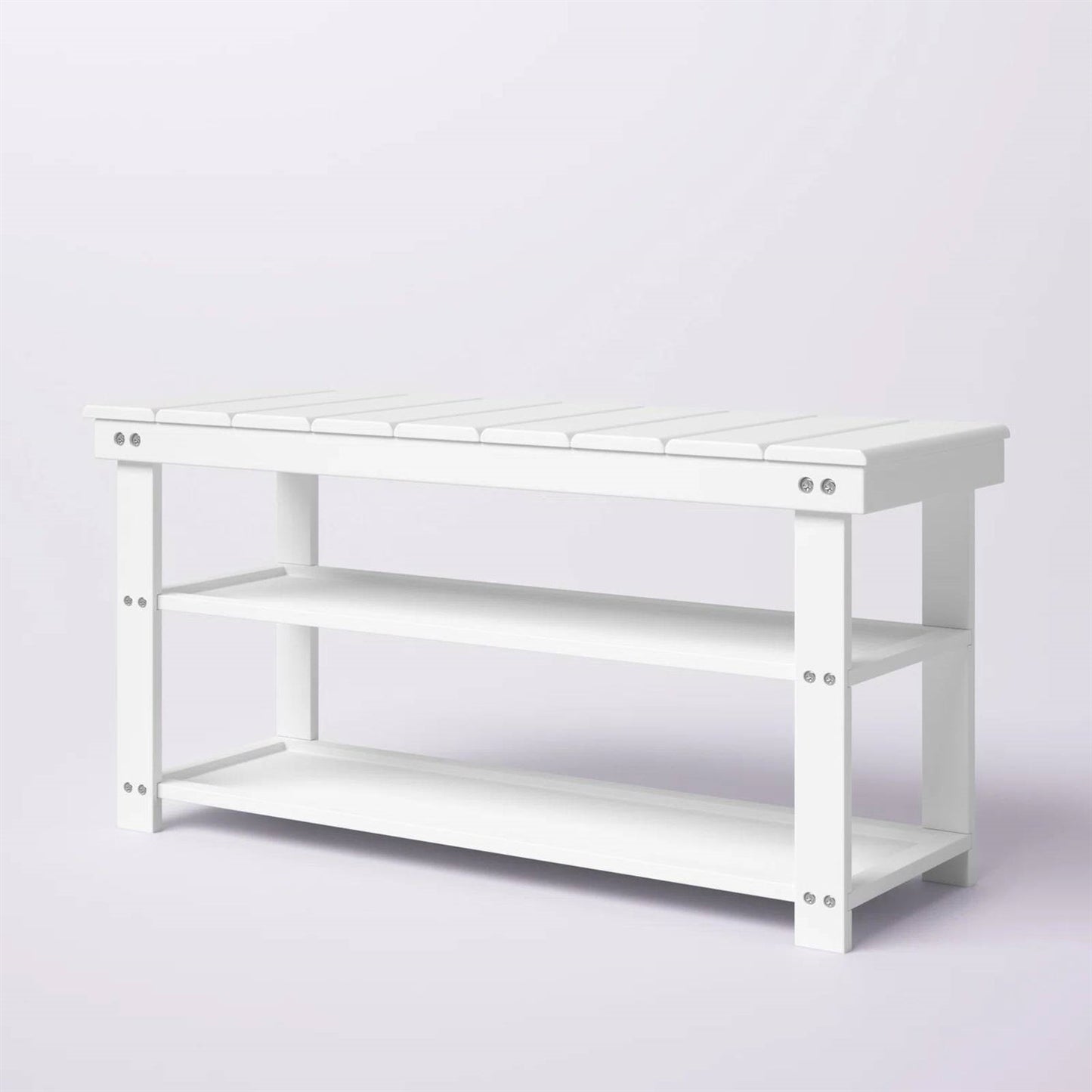 Banco de almacenamiento de madera blanca con listones de 2 estantes para zapatos para entrada o armario