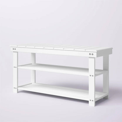 Banco de almacenamiento de madera blanca con listones de 2 estantes para zapatos para entrada o armario