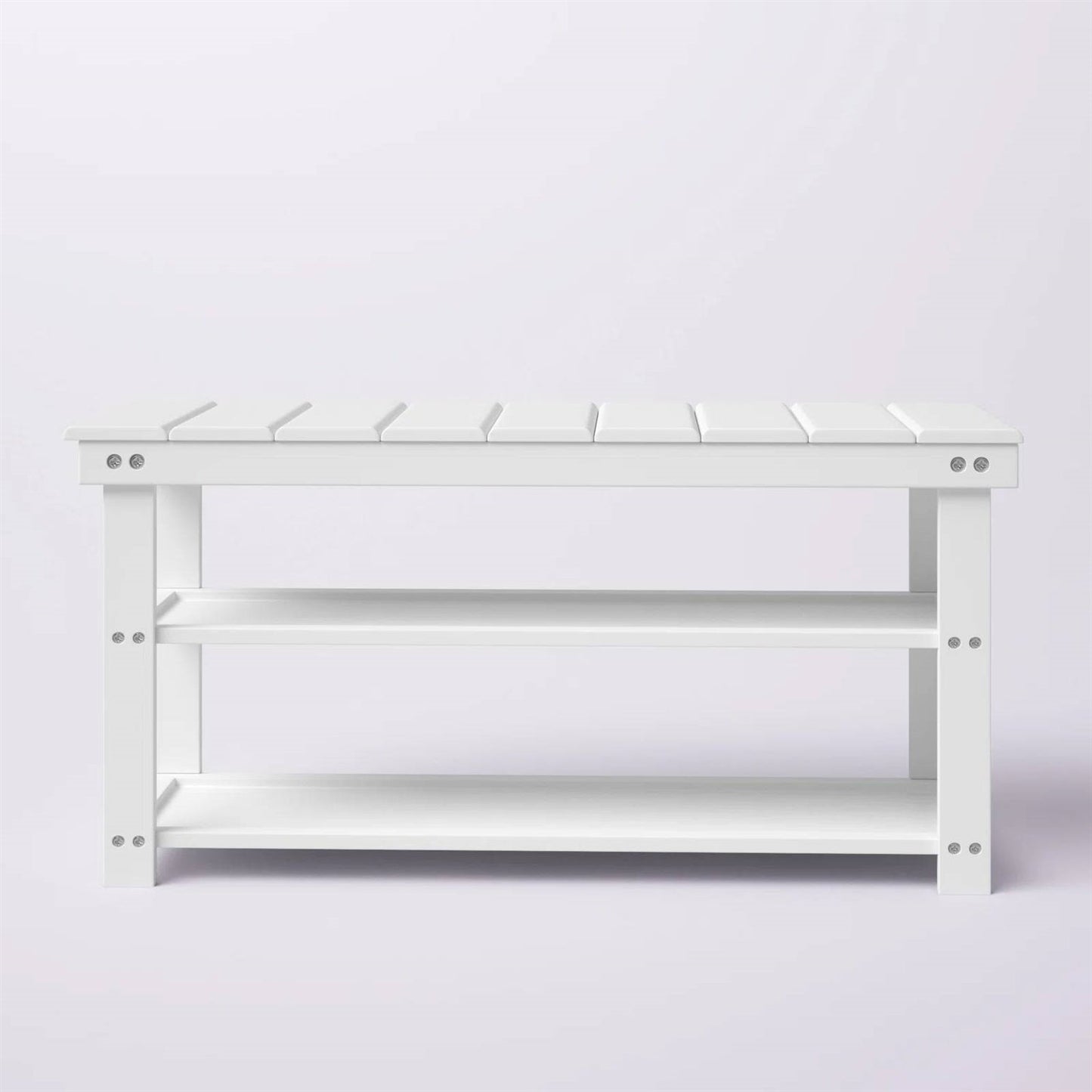 Banco de almacenamiento de madera blanca con listones de 2 estantes para zapatos para entrada o armario