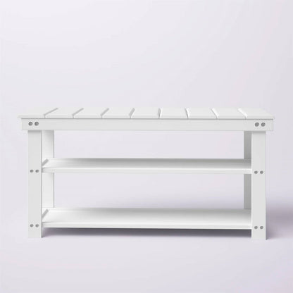 Banco de almacenamiento de madera blanca con listones de 2 estantes para zapatos para entrada o armario