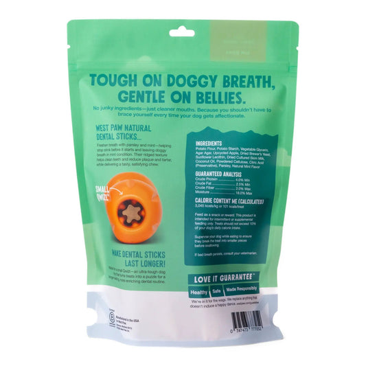 West Paw Natural Dental Sticks dog treats in green bag with orange chew illustration on Tampa Home & Garden Store