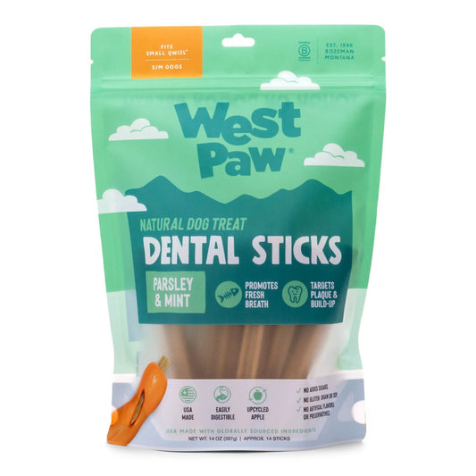 Natural Dental Sticks dog treats from West Paw in a green bag with DENTAL STICKS on Tampa Home & Garden Store