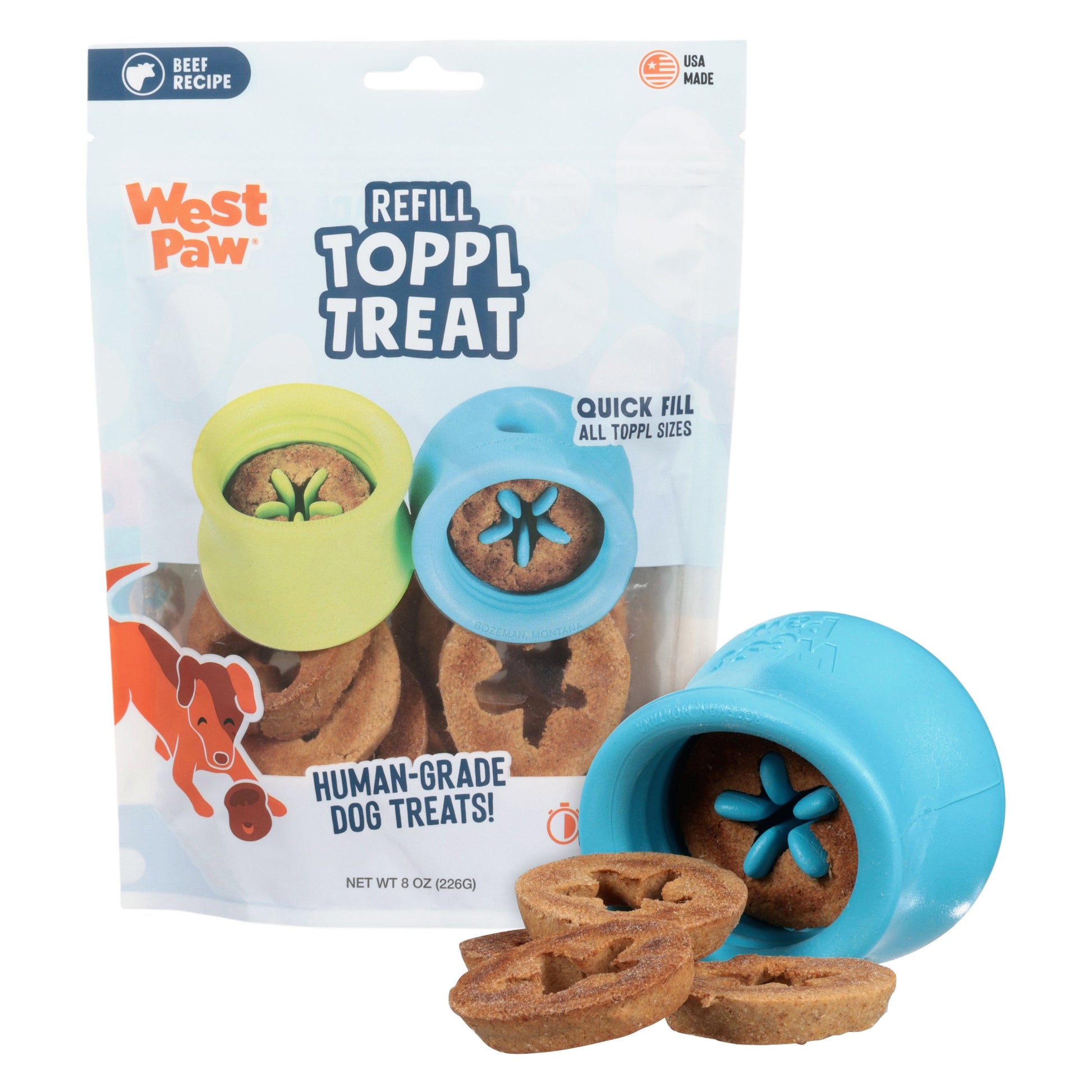 West Paw Toppl Treat dog treats with blue and yellow refill rings and brown donut biscuits on Tampa Home & Garden Store