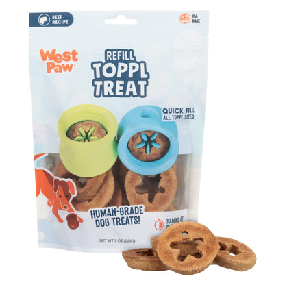 West Paw Toppl Treat dog treats 8 oz bag with blue and yellow Toppl shapes on packaging on Tampa Home & Garden Store