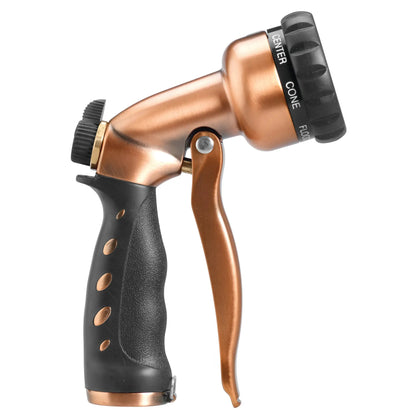 Copper 7-pattern zinc front-trigger spray nozzle with rotating dial (Center/Cone/Flood) on Tampa Home & Garden Store