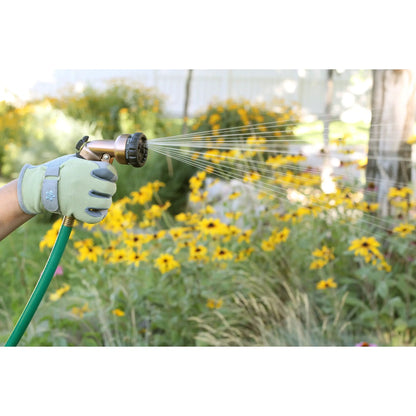 7-Pattern Zinc Front Trigger Nozzle Copper Orbit Irrigation gloved hand watering lawn on Tampa Home & Garden Store