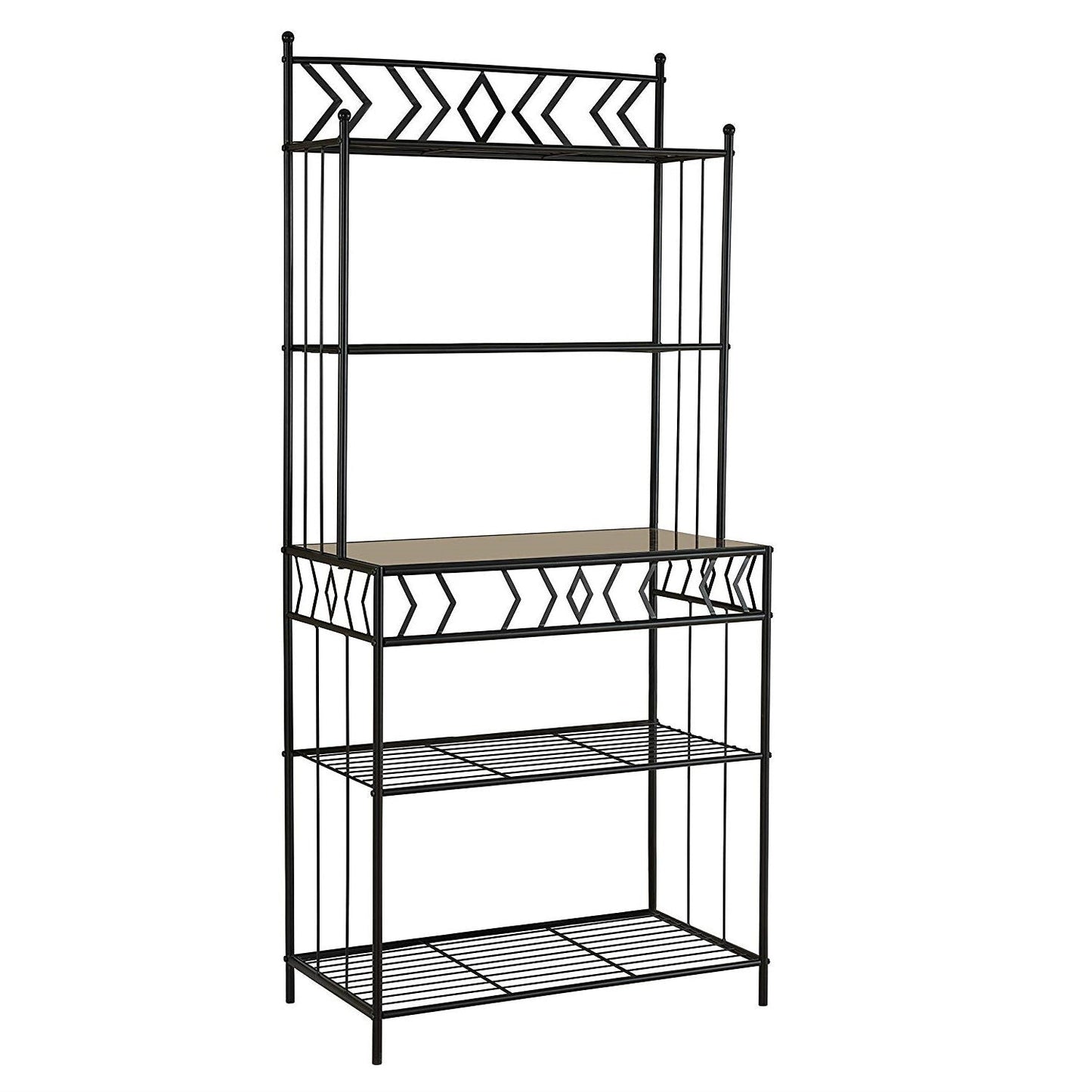 Estantería de cocina para panadero en metal negro con encimera de acabado de mármol