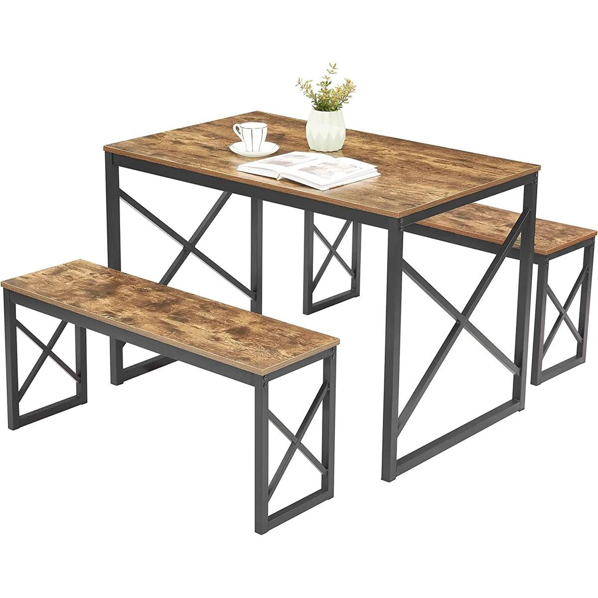 Juego de mesa de comedor de cocina de madera estilo industrial moderno con 2 bancos sin respaldo