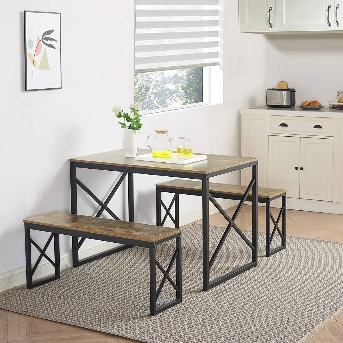 Juego de mesa de comedor de cocina de madera estilo industrial moderno con 2 bancos sin respaldo