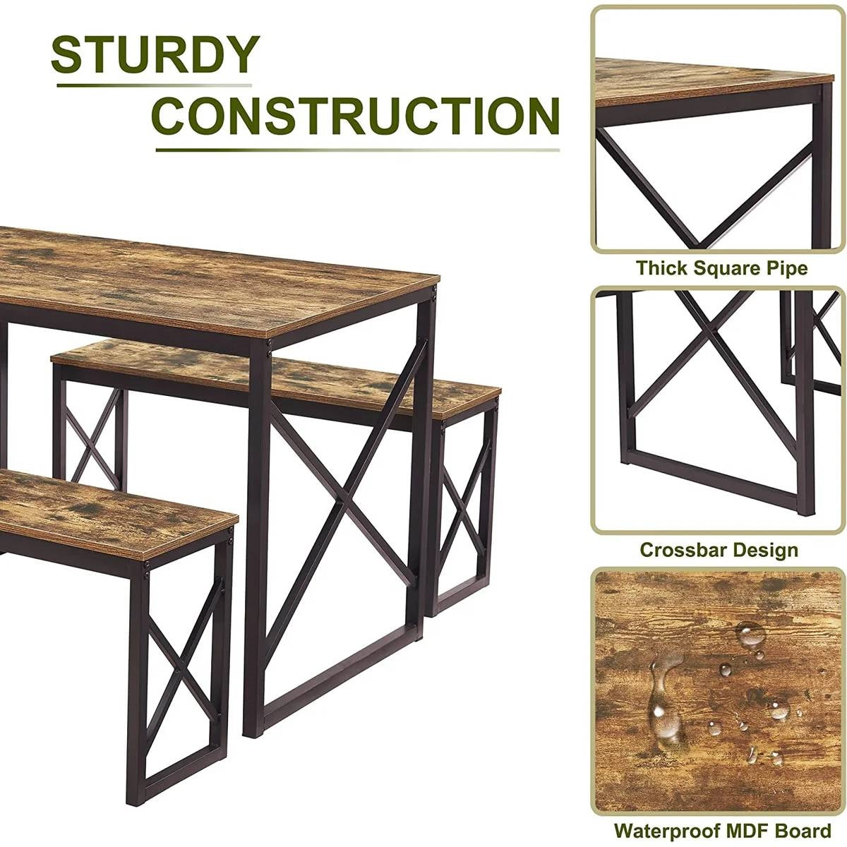 Juego de mesa de comedor de cocina de madera estilo industrial moderno con 2 bancos sin respaldo