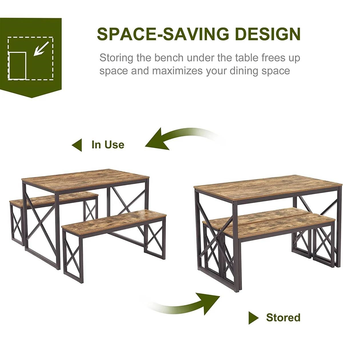 Juego de mesa de comedor de cocina de madera estilo industrial moderno con 2 bancos sin respaldo