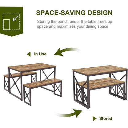 Juego de mesa de comedor de cocina de madera estilo industrial moderno con 2 bancos sin respaldo