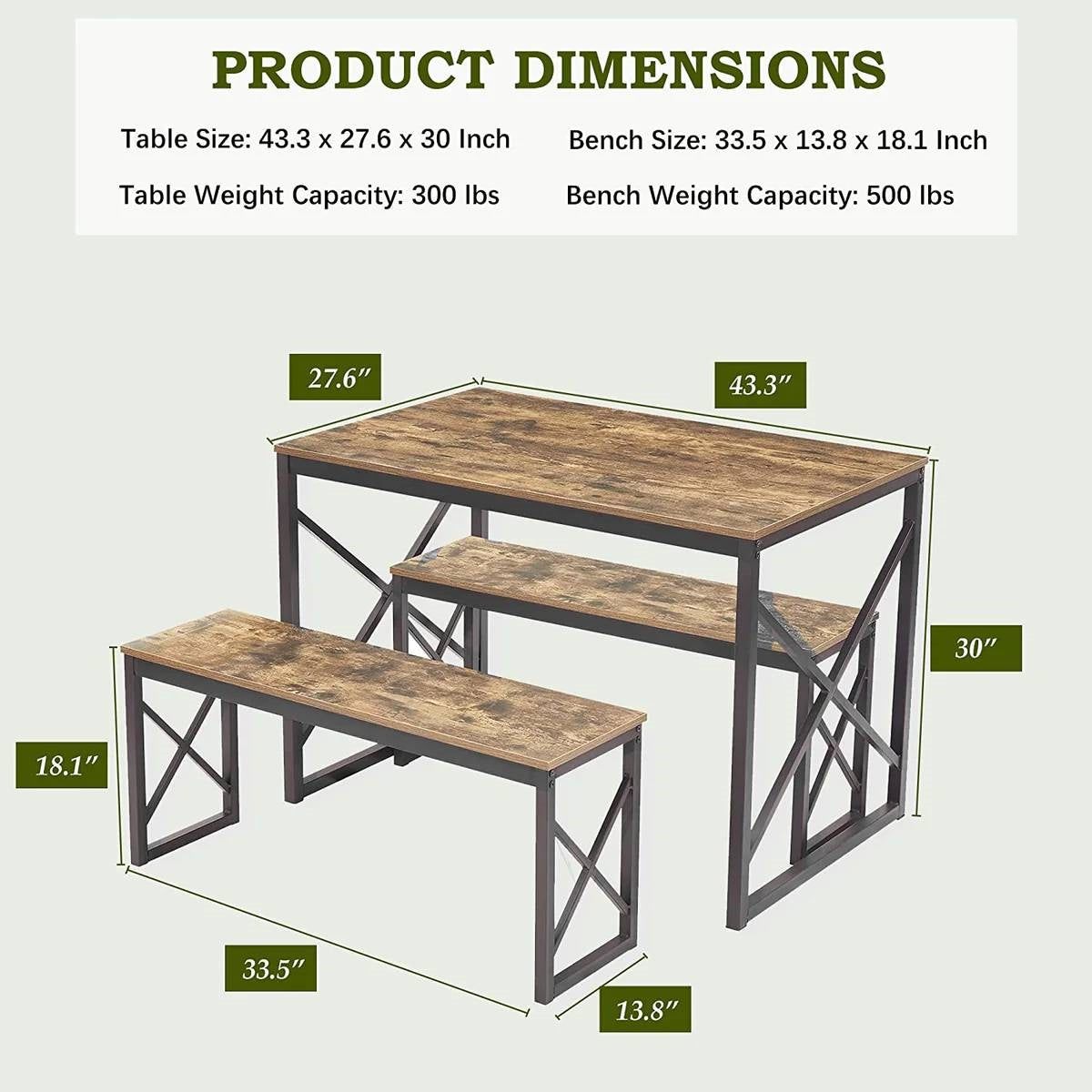 Juego de mesa de comedor de cocina de madera estilo industrial moderno con 2 bancos sin respaldo