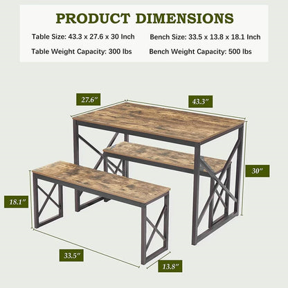 Juego de mesa de comedor de cocina de madera estilo industrial moderno con 2 bancos sin respaldo