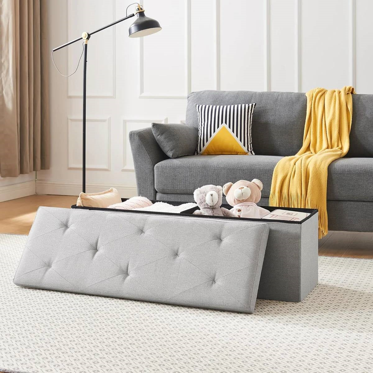 Banco otomano de almacenamiento para dormitorio, sala de estar o recibidor, tapizado en lino gris claro