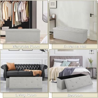 Banco otomano de almacenamiento para dormitorio, sala de estar o recibidor, tapizado en lino gris claro