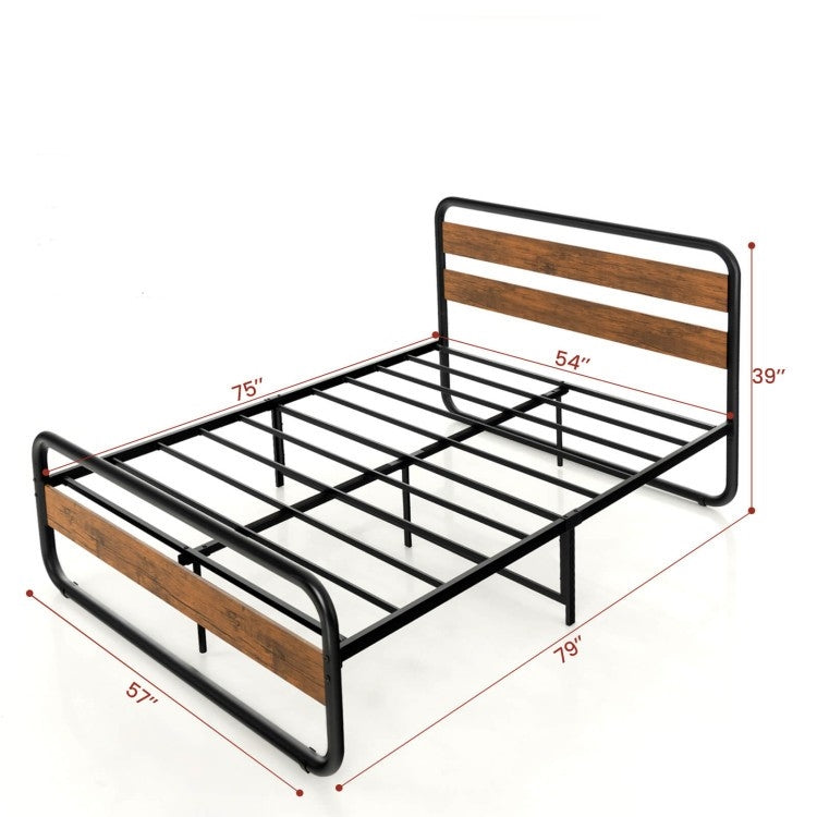 Cama tipo plataforma de madera industrial y tubo de metal con cabecero y piecero
