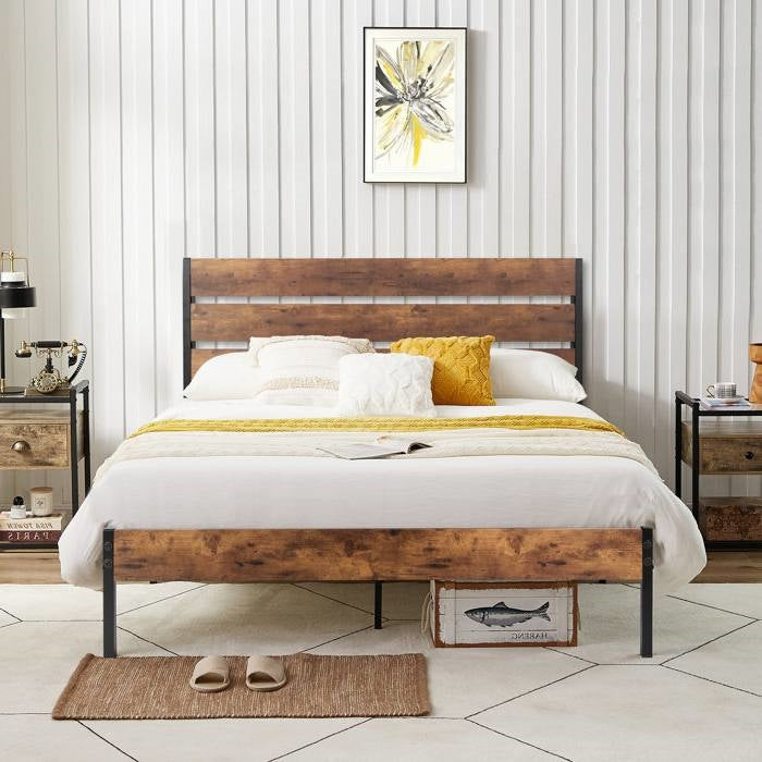 Base de cama completa de plataforma industrial con cabecero y pie de cama de madera laminada marrón