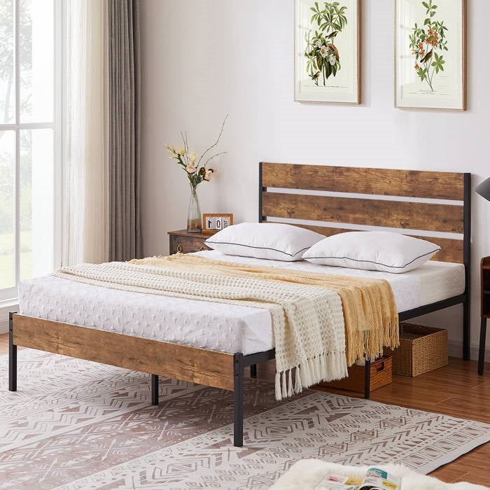 Base de cama completa de plataforma industrial con cabecero y pie de cama de madera laminada marrón