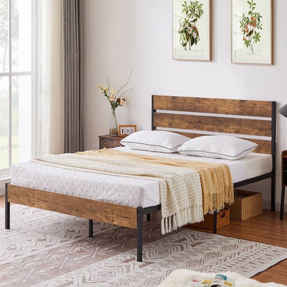 Base de cama completa de plataforma industrial con cabecero y pie de cama de madera laminada marrón