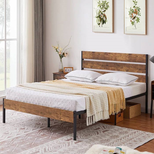 Full Industrial Platform Bed Frame with Brown Wood Slatted Headboard Footboard - Tampa Home & Garden Store