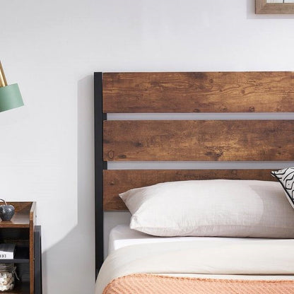 Base de cama completa de plataforma industrial con cabecero y pie de cama de madera laminada marrón