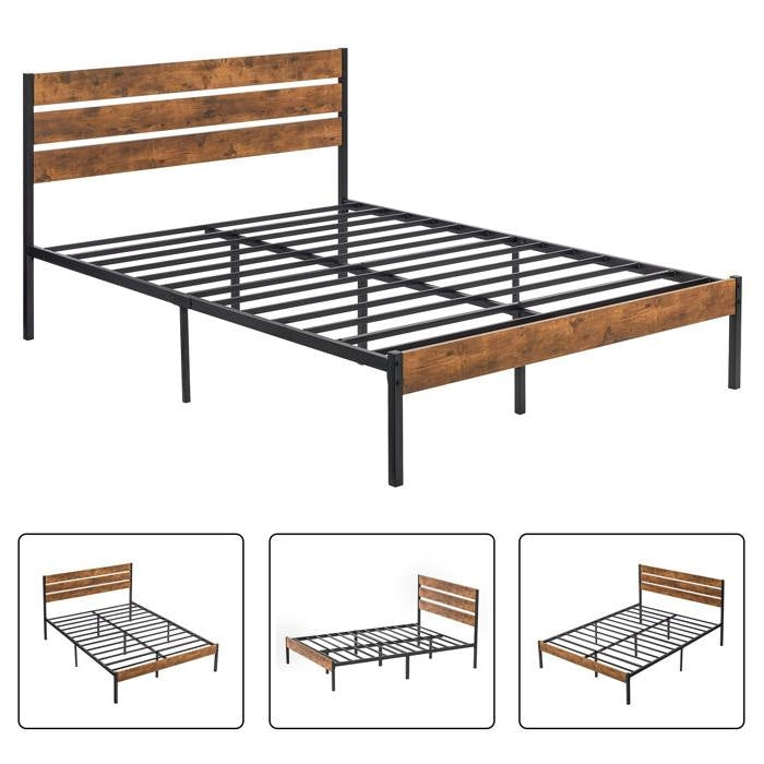 Base de cama completa de plataforma industrial con cabecero y pie de cama de madera laminada marrón