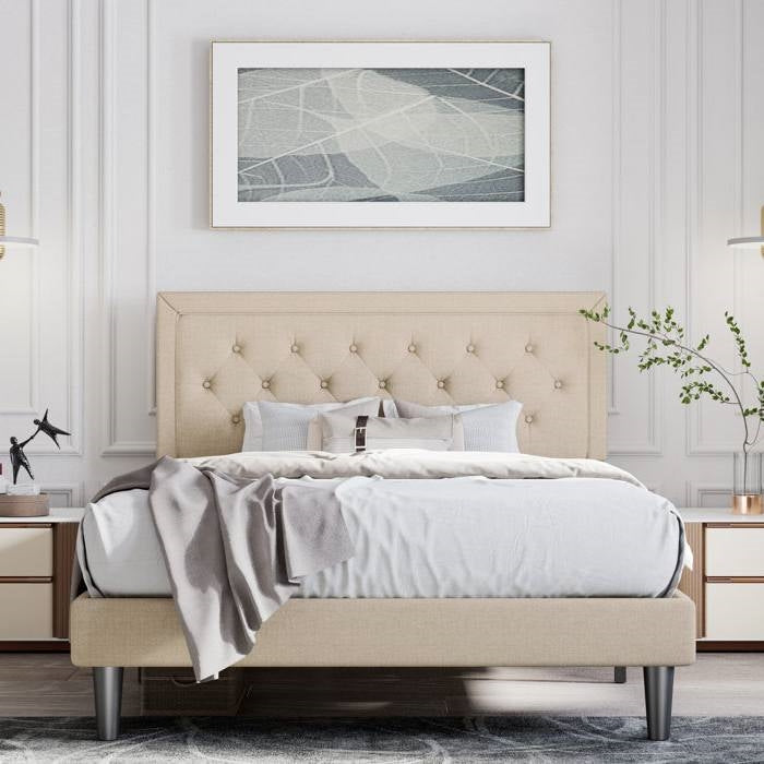Base de cama de plataforma de tamaño completo de altura ajustable con cabecero tapizado en beige